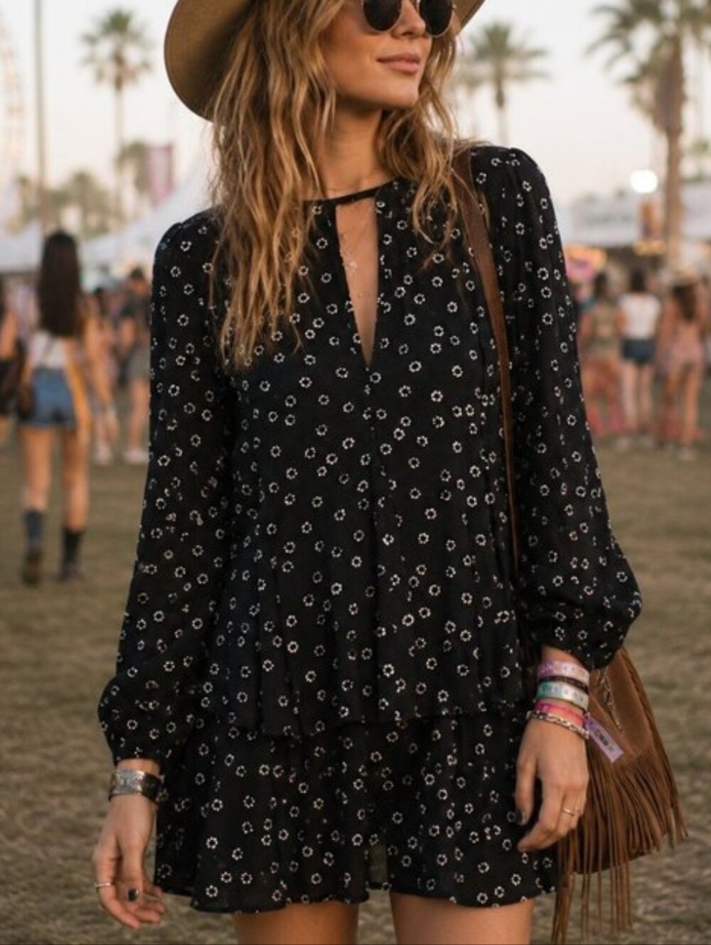 Free People Black Mini Dress Beck Print Popover Size XS